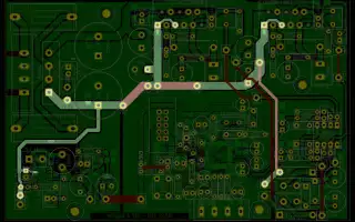 PCB design with highlighted positive power supply line.